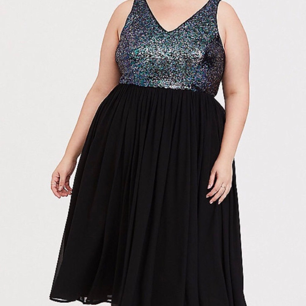 “Torrid” Black Sequin Chiffon Skater Midi Dress